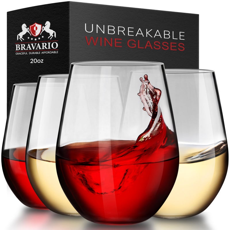 Bravario Unbreakable Stemless Plastic Wine Glasses | Reusable | Shatterproof 100% Tritan Plastic | Dishwasher-Safe | BPA-free | Awesome for Indoor & Outdoor | 20 oz, Set of 4 - Image 1